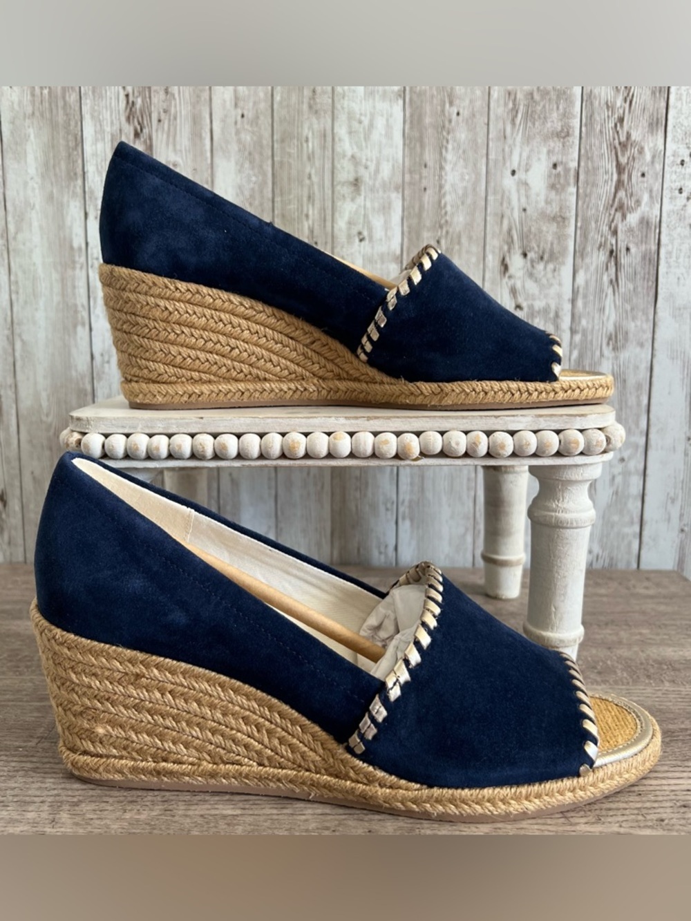 Jack Rogers Navy Gold Espadrille Wedge Peep-Toe Preppy Nautical Cape Size 9
